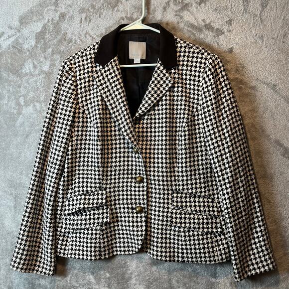 Tavora Houndstooth Patterns Button Up Collared Blazer Women's Size 16 Silk Black - Picture 1 of 6